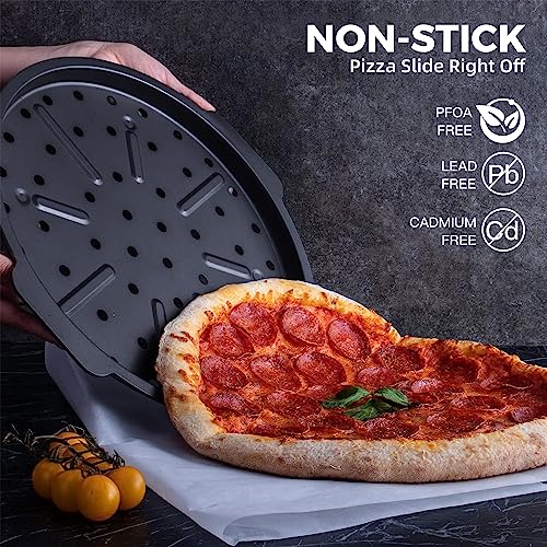 HONGBAKE 2 Pack Pizza Pan with Holes 12 Inch, Nonstick Pizza Tray for Oven with Widen Handles, Hot Air Pizza Crisper Tin, Round Baking Sheet for Frozen & Homemade Pizza, Grey