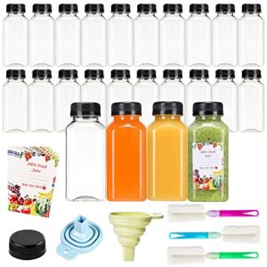 ookizom 24 pack 8oz plastic juice bottles with caps, perfect for your water, juice or smoothie, reusable clear with 3 brushes & 2 folding funnels & exquisite label paper