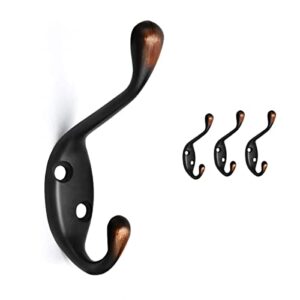 homotek 4 pack heavy duty dual coat hooks wall mounted double prong(up and down) rustproof coat hooks hardware retro robe hanger for coat,towel, scarf, hat, bag, key, shoes, oil rubbed bronze
