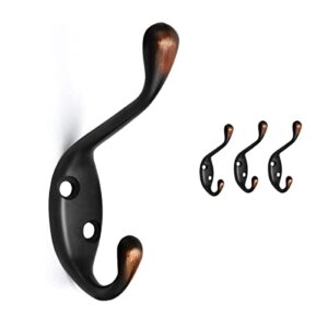 HOMOTEK 4 Pack Heavy Duty Dual Coat Hooks Wall Mounted Double Prong(Up and Down) Rustproof Coat Hooks Hardware Retro Robe Hanger for Coat,Towel, Scarf, Hat, Bag, Key, Shoes, Oil Rubbed Bronze