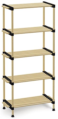 Saponay Wood Storage Shelves Organizer - Easy to Install Bathroom Standing Shelf Lightweight, Screw Free! 2 3 & 5 Tiered | Adjustable Units Free Premium Pine Shelving Unit, 11Dx22Wx47H