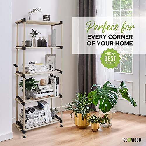 Saponay Wood Storage Shelves Organizer - Easy to Install Bathroom Standing Shelf Lightweight, Screw Free! 2 3 & 5 Tiered | Adjustable Units Free Premium Pine Shelving Unit, 11Dx22Wx47H