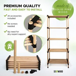 Saponay Wood Storage Shelves Organizer - Easy to Install Bathroom Standing Shelf Lightweight, Screw Free! 2 3 & 5 Tiered | Adjustable Units Free Premium Pine Shelving Unit, 11Dx22Wx47H