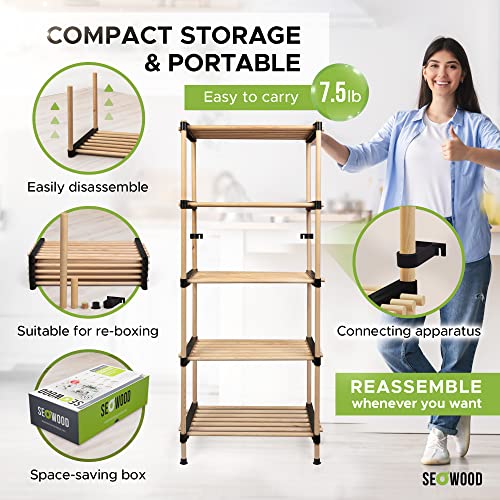 Saponay Wood Storage Shelves Organizer - Easy to Install Bathroom Standing Shelf Lightweight, Screw Free! 2 3 & 5 Tiered | Adjustable Units Free Premium Pine Shelving Unit, 11Dx22Wx47H