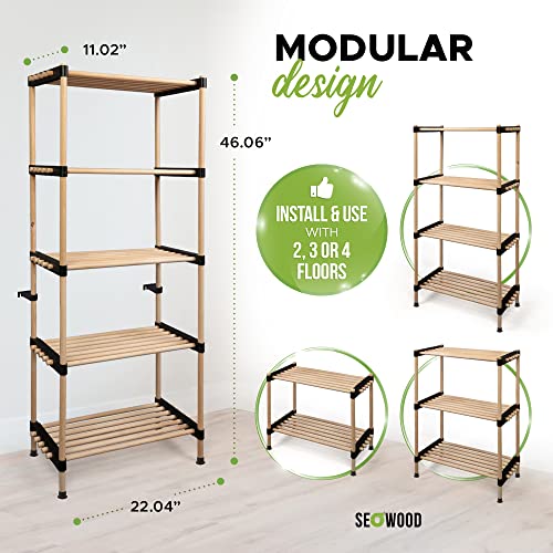 Saponay Wood Storage Shelves Organizer - Easy to Install Bathroom Standing Shelf Lightweight, Screw Free! 2 3 & 5 Tiered | Adjustable Units Free Premium Pine Shelving Unit, 11Dx22Wx47H