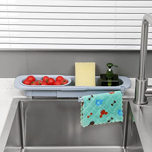 SHANGYI Kitchen Sink Organizer Storage Rack with Expandable Telescopic Holder and Sponge Caddy (grey-green)