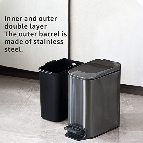 LEASYLIFE 6 Liter / 1.6 Gallon Soft-Close, Smudge Resistant Trash Can with Foot Pedal for Narrow Spaces Brushed Stainless Steel ，Garbage can for Bedroom, bashroom