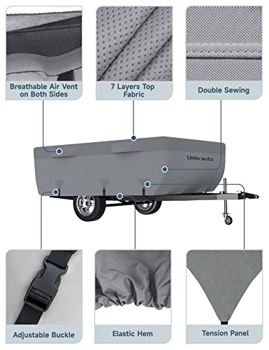 Tent Trailer Cover Umbrauto 2023 Upgraded 7 Layers Top Pop Up Camper Covers Waterproof Extra Thick Polypropylene Breathable Ripstop Anti-UV Pop Up Folding Trailer Cover Fits 10' - 12' Trailers