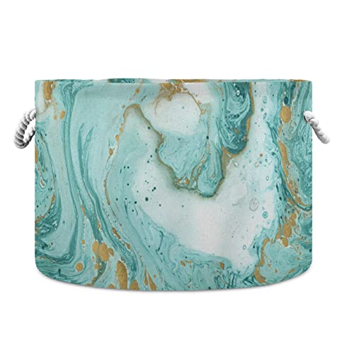 xigua Turquoise Marble Texture Large Round storage basket 20 x14 Inches Collapsible Round Storage Bin, Laundry Basket Organizer for Towels, Blanket, Toys, Clothes