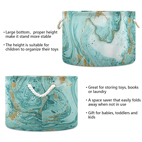 xigua Turquoise Marble Texture Large Round storage basket 20 x14 Inches Collapsible Round Storage Bin, Laundry Basket Organizer for Towels, Blanket, Toys, Clothes