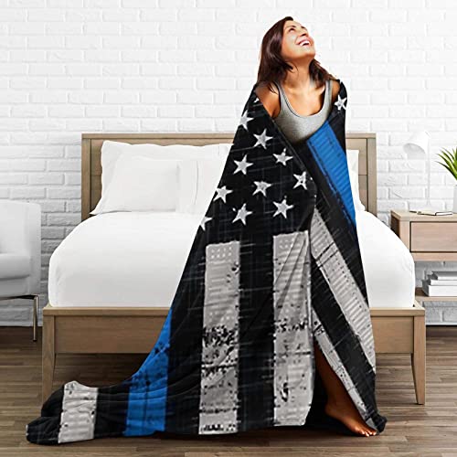 Fleece Throw Blanket with Police Blue Line Flag-Lightweight Plush Fuzzy Cozy Soft Blankets and Throws for Sofa, 60"X50" Inches