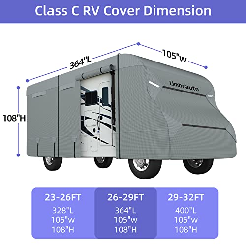 Umbrauto RV Cover Class C 2023 Upgraded 7 Layers Anti-UV Top Panel Motorhome Cover Windproof Camper Cover for 26' to 29' Motorhome with 2Pcs Extra Straps, Adhesive Repair Patches, 6 Gutter Covers