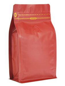 red color coffee bags with valve, high barrier foil coffee package pouches with air release valve, flat bottom & resealable pull tab zipper, matt red (50, 16oz/1lb/500gm)