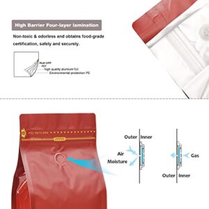 Red Color Coffee Bags with Valve, High Barrier Foil Coffee Package Pouches with Air Release Valve, Flat Bottom & Resealable Pull Tab Zipper, Matt Red (50, 16oz/1lb/500gm)