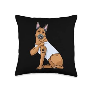 German Shepherd Dog Mom Dog Lover Apparel I Love Mom Tattoo Funny German Shepherd Dog Mother's Day Throw Pillow, 16x16, Multicolor