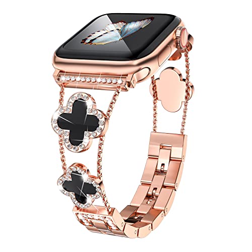 Rose Gold Cute Luxury Metal Diamond Slim Glitter Band 38mm 40mm 42mm 44mm iwatch se Series 6/5/4/3,Apple Watch Series 7 45mm Band for Women Bling,Apple Watch se Series 3 38mm Band Womens (MU-8001-RG-BK, 38mm/40mm/41mm)