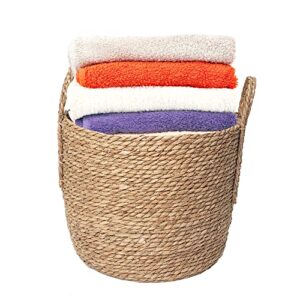 Simple Elements Woven Rattan Storage Basket – Decorative Storage basket for Blankets, Toys, Clothes, Shoes, Towels with Woven Handles – Living Room Home Décor – 12”H x 14” Dia. - Brown