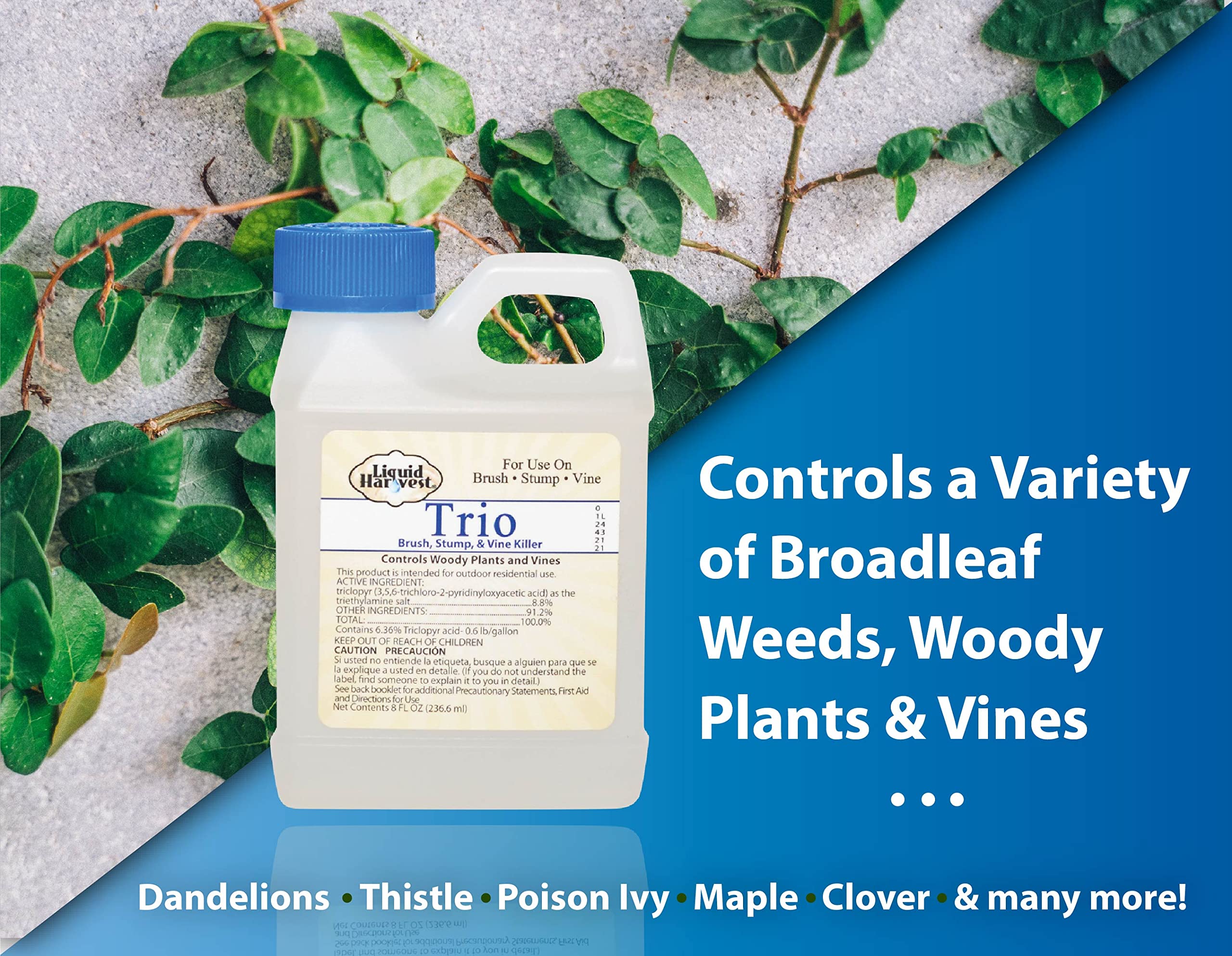 Liquid Harvest Concentrated Brush Killer (Comparable to Leading Triclopyr Brands) - 8oz - Formulated to Control over 70 types of Brush, Vines, Harmful Weeds, and Woody Plants – Also Kills Stumps & Prevents Sprouting