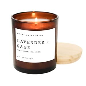 sweet water decor lavender and sage candle | lavender, sage, musk, patchouli spa scented soy candles for home | 11oz amber jar candle with wood lid, 50+ hour burn time, made in the usa