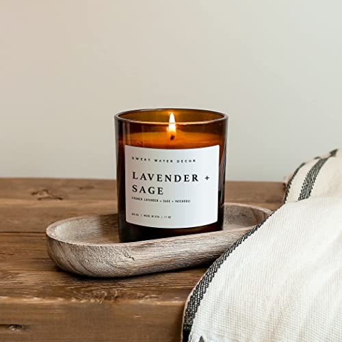 Sweet Water Decor Lavender and Sage Candle | Lavender, Sage, Musk, Patchouli Spa Scented Soy Candles for Home | 11oz Amber Jar Candle with Wood Lid, 50+ Hour Burn Time, Made in the USA