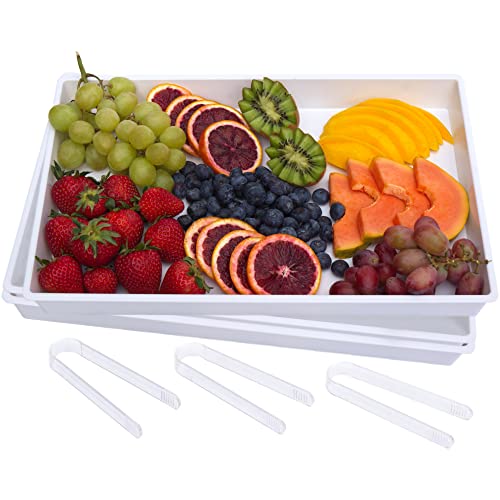 White Platter Serving Tray Set 15" x 10.5" | Pack of 3 Plastic Party Platters and 3 Tongs | Ideal for Appetizers, Desserts, Catering and more