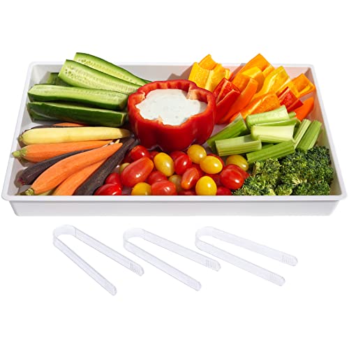 White Platter Serving Tray Set 15" x 10.5" | Pack of 3 Plastic Party Platters and 3 Tongs | Ideal for Appetizers, Desserts, Catering and more