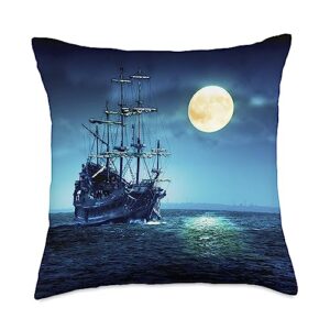 original pirate ship moon old pirate ship full moon night sailing blue sea ocean throw pillow, 18x18, multicolor
