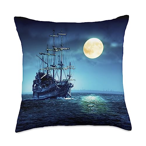 Original Pirate Ship Moon Old Pirate Ship Full Moon Night Sailing Blue Sea Ocean Throw Pillow, 18x18, Multicolor