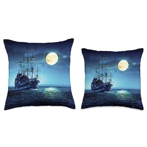 Original Pirate Ship Moon Old Pirate Ship Full Moon Night Sailing Blue Sea Ocean Throw Pillow, 18x18, Multicolor
