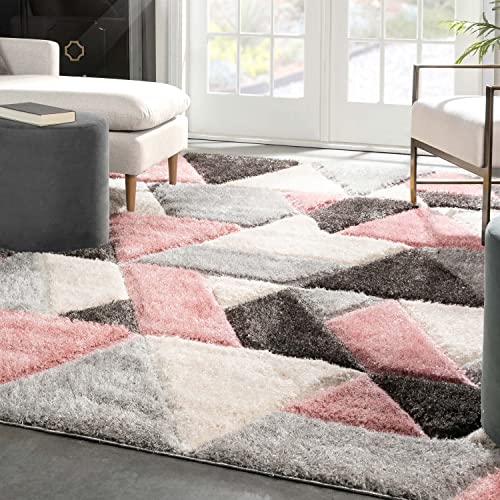 Well Woven Loecke Blush Triangle Boxes Geometric Thick Soft Plush 3D Textured Shag Area Rug 5x7 (5'3" x 7'3")