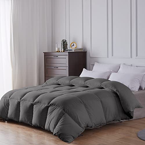 hotkoko Heavyweight Feather Down Comforter Queen Size, Thick Feather Down Duvet Insert or Stand-Alone Comforter, Ultra-Warmth Cotton Comforter with 8 Corner Tabs (Grey, 90x90 Inches)