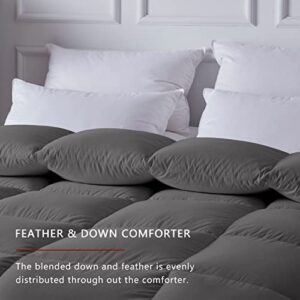 hotkoko Heavyweight Feather Down Comforter Queen Size, Thick Feather Down Duvet Insert or Stand-Alone Comforter, Ultra-Warmth Cotton Comforter with 8 Corner Tabs (Grey, 90x90 Inches)