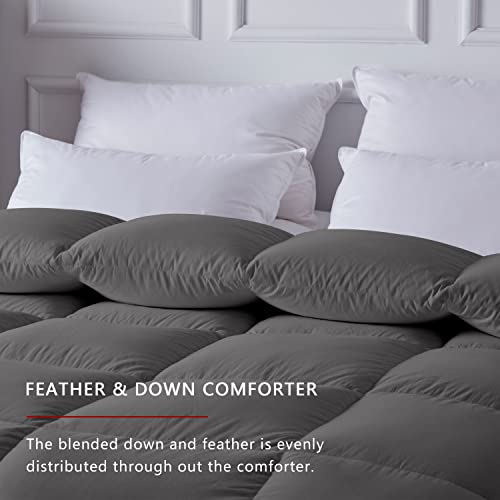 hotkoko Heavyweight Feather Down Comforter Queen Size, Thick Feather Down Duvet Insert or Stand-Alone Comforter, Ultra-Warmth Cotton Comforter with 8 Corner Tabs (Grey, 90x90 Inches)