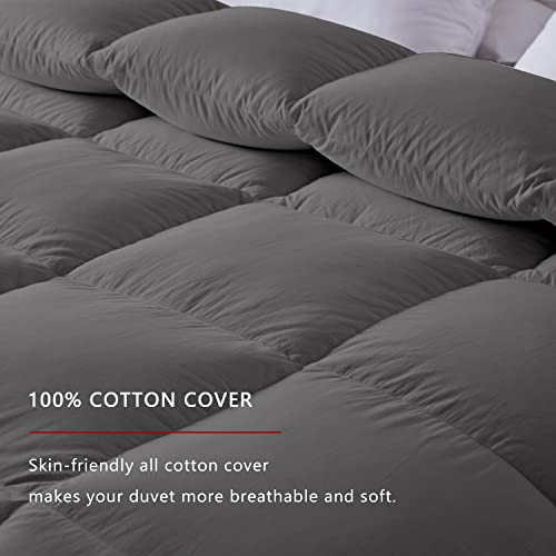 hotkoko Heavyweight Feather Down Comforter Queen Size, Thick Feather Down Duvet Insert or Stand-Alone Comforter, Ultra-Warmth Cotton Comforter with 8 Corner Tabs (Grey, 90x90 Inches)