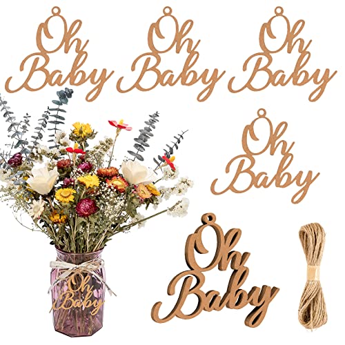 CINPIUK 20PCS Oh Baby Mason Jar Tags Baby Shower Centerpieces Gender Reveal Kraft Brown Decorations, Oh Baby Cutouts Bonus 10 Yards Burlap String