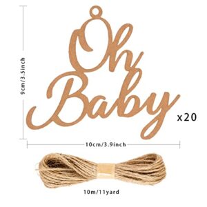 CINPIUK 20PCS Oh Baby Mason Jar Tags Baby Shower Centerpieces Gender Reveal Kraft Brown Decorations, Oh Baby Cutouts Bonus 10 Yards Burlap String