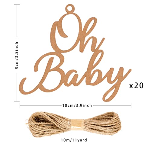 CINPIUK 20PCS Oh Baby Mason Jar Tags Baby Shower Centerpieces Gender Reveal Kraft Brown Decorations, Oh Baby Cutouts Bonus 10 Yards Burlap String