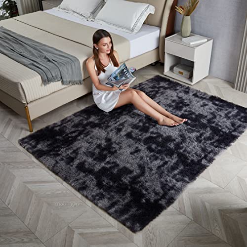 Ahlulu Cozy Soft Area Rugs, Indoor 8'X10' Fluffy Rugs for Living Room Bedroom Shag Tie-Dyed Dark Grey Rugs Non-Slip Fuzzy Kids Room Furry Rugs