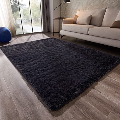 Ahlulu Soft Fluffy Area Rugs, Shaggy 7'X10' Living Room Rugs Fuzzy Black Rugs Anti-Skid Furry Comfy Bedroom Rugs for Kids Room Dorm Room