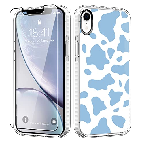 MZELQ Designed for iPhone XR Case, Cute Blue Cow Print Clear TPU Phone Cow Cow Patterns Case + Screen Protector Compatible with iPhone XR 6.1 inch Four Corners Protection Case for iPhone XR