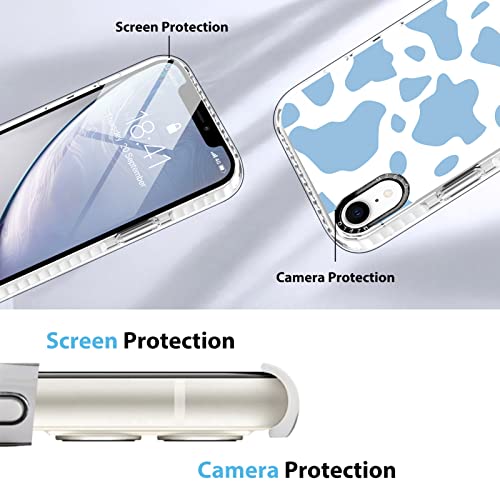 MZELQ Designed for iPhone XR Case, Cute Blue Cow Print Clear TPU Phone Cow Cow Patterns Case + Screen Protector Compatible with iPhone XR 6.1 inch Four Corners Protection Case for iPhone XR