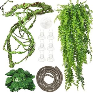 fhiny 4 pcs reptile vines plants bendable flexible jungle climbing vines plastic leaves with suction cups tank accessories habitat decor for bearded dragons lizards snakes geckos frogs