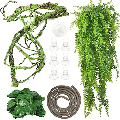 Fhiny 4 PCS Reptile Vines Plants Bendable Flexible Jungle Climbing Vines Plastic Leaves with Suction Cups Tank Accessories Habitat Decor for Bearded Dragons Lizards Snakes Geckos Frogs