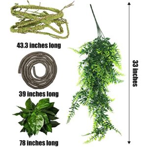 Fhiny 4 PCS Reptile Vines Plants Bendable Flexible Jungle Climbing Vines Plastic Leaves with Suction Cups Tank Accessories Habitat Decor for Bearded Dragons Lizards Snakes Geckos Frogs