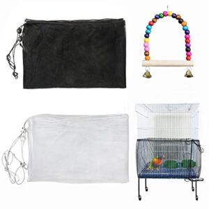 bkdmzzmy bird cage seed catcher, 2 pack large bird cage covers, birdcage nylon mesh with swing stretchy shell adjustable drawstring parrot cage skirt traps cage soft airy net (white and black)