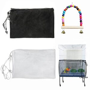 BKDMZZMY Bird Cage Seed Catcher, 2 Pack Large Bird Cage Covers, Birdcage Nylon Mesh with Swing Stretchy Shell Adjustable Drawstring Parrot Cage Skirt Traps Cage Soft Airy Net (White and Black)