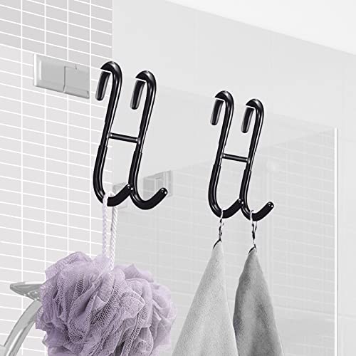 Shower Door Hooks 2Pack,304 Stainless Steel Matte Black Appearance Punch Free Bathroom Frameless Glass Door Thower Hooks,for Robe,Bathing Suits,Towel and Squeegee Hooks Up.(Black)