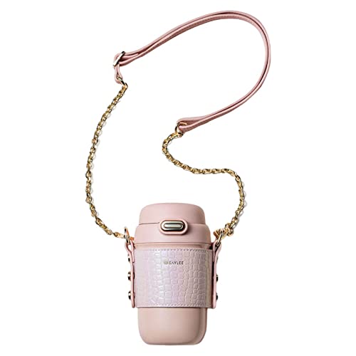 Genodiia 13OZ Kawaii Double Wall Stainless Steel Vacuum Cup Water Bottle With PU Leather Sleeve Insulator & Metal Chain Shoulder Carrying Strap For Travel & To-Go Gifts For Ladies & Girls. (Pink)