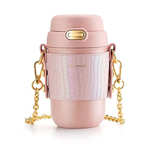 Genodiia 13OZ Kawaii Double Wall Stainless Steel Vacuum Cup Water Bottle With PU Leather Sleeve Insulator & Metal Chain Shoulder Carrying Strap For Travel & To-Go Gifts For Ladies & Girls. (Pink)