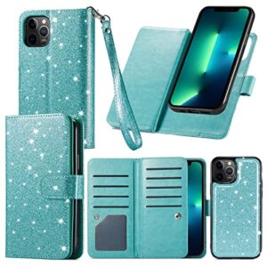 varikke iphone 13 pro max wallet case - women's 9-card holder, detachable magnetic cover, kickstand, glitter pu leather, mint